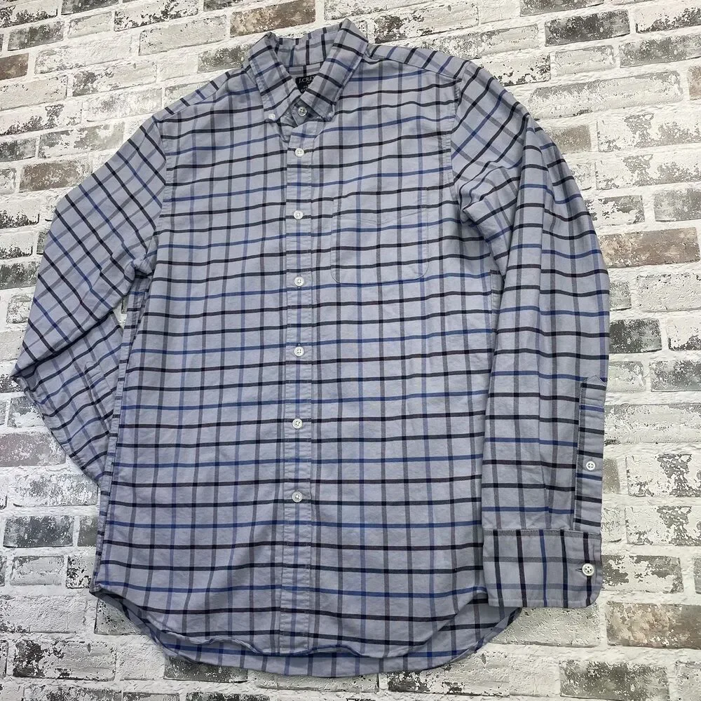 J.CREW Mens Flex Oxford Shirt Long Sleeve Button Down Gray Blue Plaid